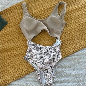 SHEIN Tan and White Polka Dot One Piece Swimsuit